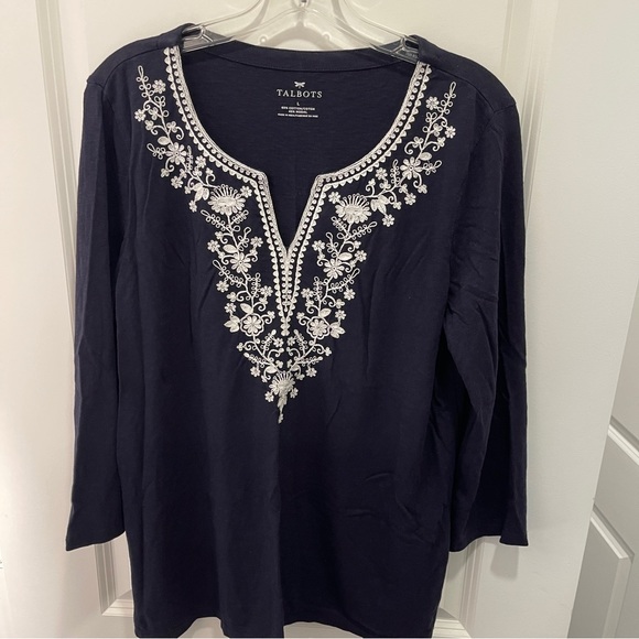 Talbots Super Soft Embroidered 3/4 Sleeve Cotton Blend Jersey Shirt Size… - Picture 3 of 11